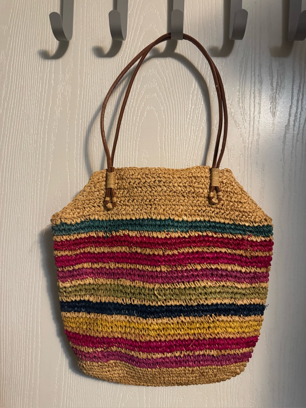 Striped Woven Tote Bag with Leather Straps - Natural Multicolor Cappelli Straw